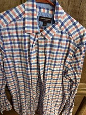 Johnston & Murphy Men's Blue White Orange Check Cotton Long Sleeve Shirt