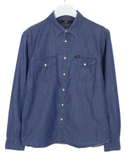 LEE Shirt Men's LARGE Spread Collar Snap Buttons Blue Pockets Patterned