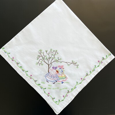 Vintage - weiße Baumwolle - handbestickte Kinderzimmer Tischdecke - 84 cm x 81 cm