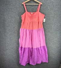 New Terra & Sky Dress Women 2X Plus Pink Striped Shift Midi V-Neck Sleeveless