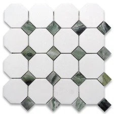 T812XP Thassos White Marble Octagon Mosaic Tile Sagano Green Dots Polished