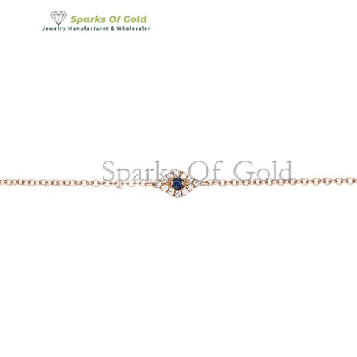 Natural Blue Sapphire & Diamond Evil Eye Chain Bracelet 14k Yellow Gold Jewelry - Picture 3 of 6