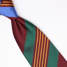John G Hardy Mens Silk Necktie Large Regimental Stripe Burgundy Blue Gold Green