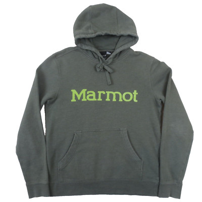 Marmot Hoodie Mens Small Olive Green Spell Out Logo Casual Pullover Sweatshirt