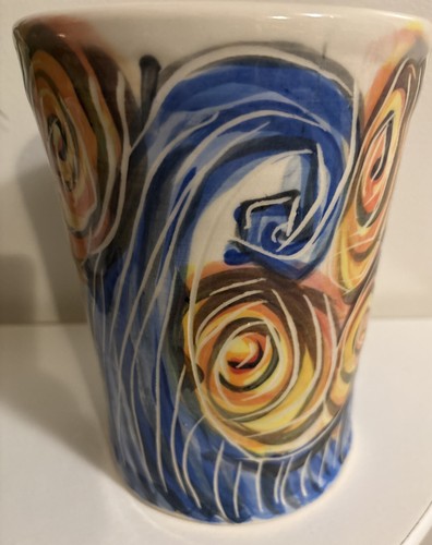 Handmade Colorful Pottery Vase 8” X 6” Yellow/ Orange /Blue- Signed by Artist - Picture 5 of 8