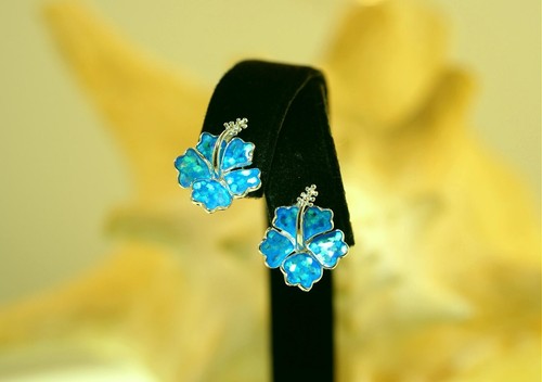 14.5MM RHODIUM 925 STER SILVER INLAID OPAL HAWAIIAN HIBISCUS POST STUD EARRINGS - Picture 7 of 8