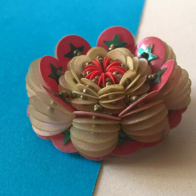 Broche Vintage Perles Sequin En Celluloïd - Accessoire Rétro - Bon état