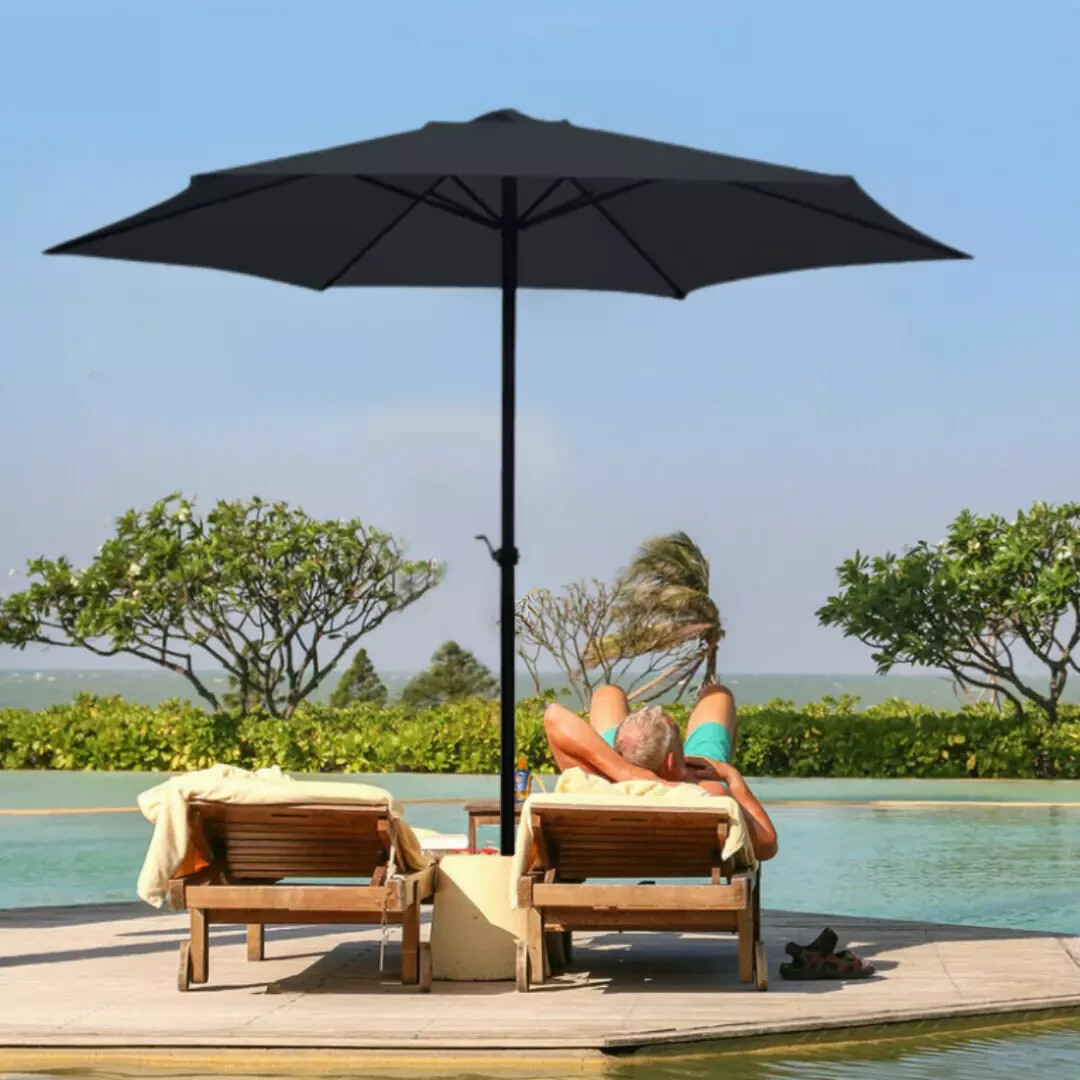 2.7m Garden Parasol Umbrella Balck Wind Up Patio Sun Protector Canopy Shelter