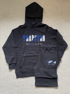 Trapstar Short Set Hoodie and Shorts Black/Dazzling Blue UK