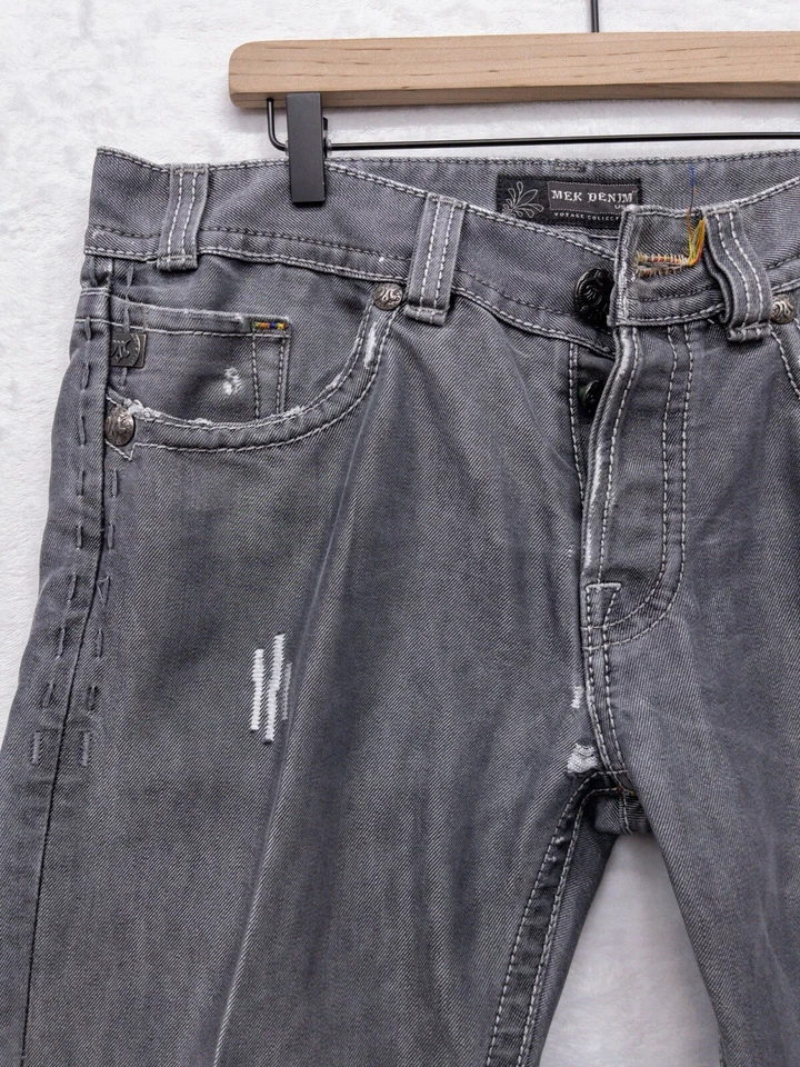 Pantalones de mezclilla rectos para hombre Mek 34x34 botones mosca desgastados negros Foto 4 de 4