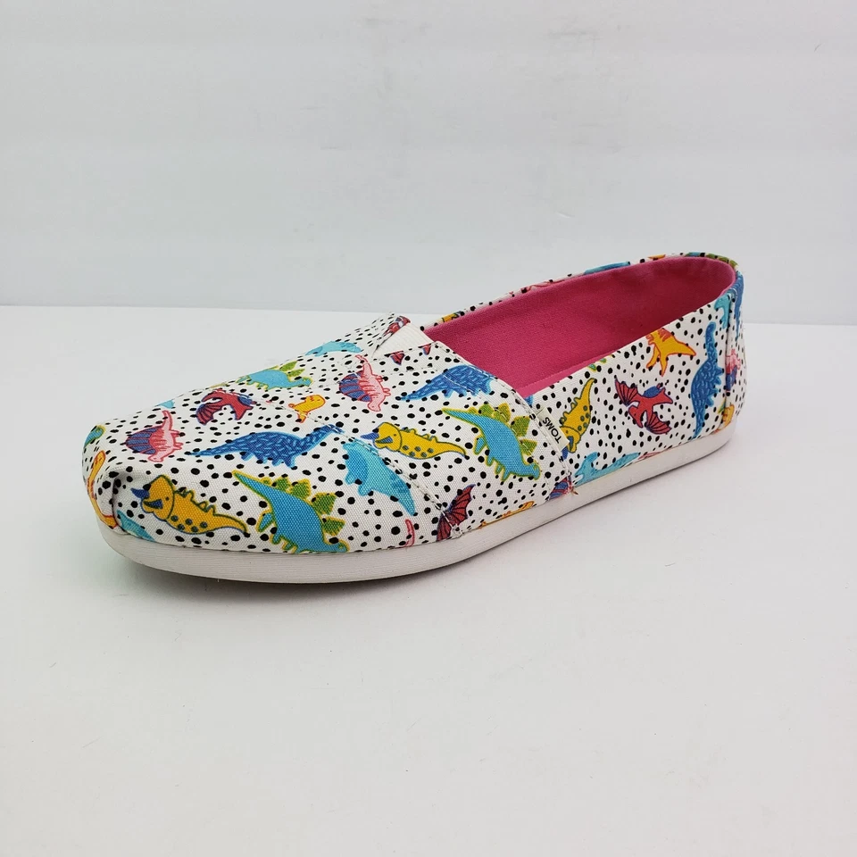 Zapatos Mocasines Toms Alpargata Para Mujer Talla 8 Blanco Lunares Dinosaurio Sin Cordones Foto 2 de 4