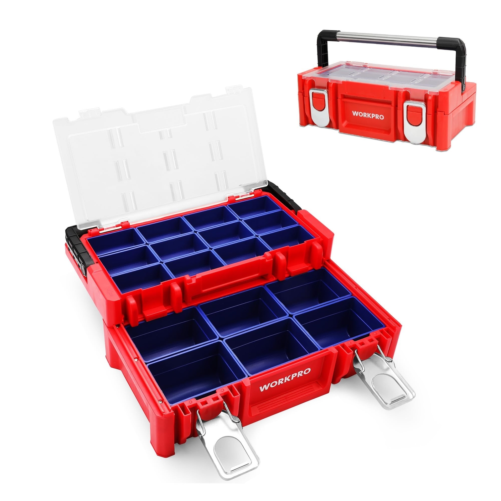 WORKPRO 17-inch Plastic Tool Box, Red Storage Box with Locking Lid and Stainl...