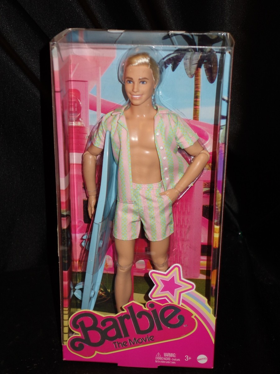 BARBIE THE MOVIE RYAN GOSLING KEN DOLL WEARING PASTEL STRIPED BEACHWEAR  WSURFER