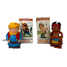 Vintage MINI-PET COW BOY  Indian Wind Up Walkers Figure Toy Tomy W/ Box