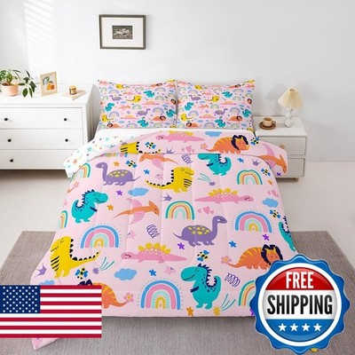 Feelyou Girls Pink Dinosaur Toddler Twin Size Comforter Set Bedding