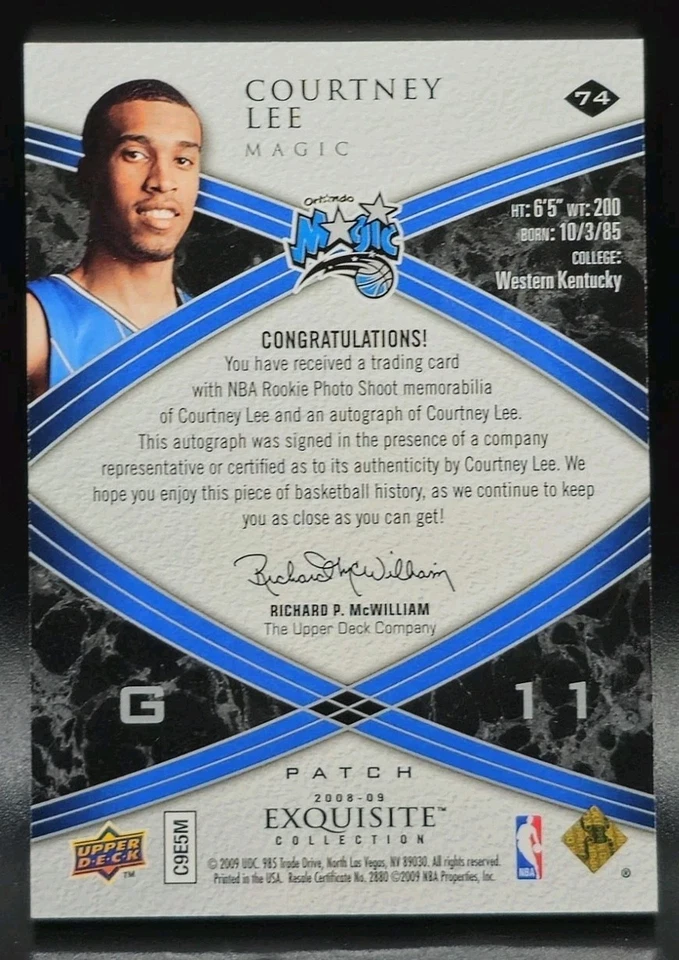 COURTNEY LEE 08-09 EXQUISITA COLECCIÓN PARCHE 4 COLORES AUTOMÁTICO RPA ROOKIE RC/225 Foto 2 de 2