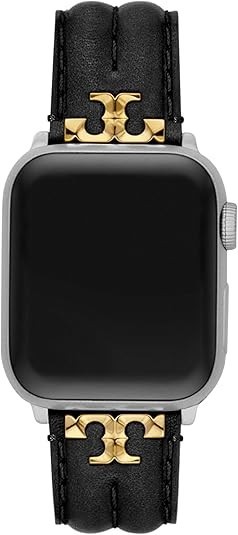 Tory Burch Leather Apple Watch Band Black Gold Logo 38-45mm New