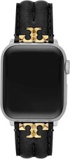 Tory Burch Leather Apple Watch Band Black Gold Logo 38-45mm New