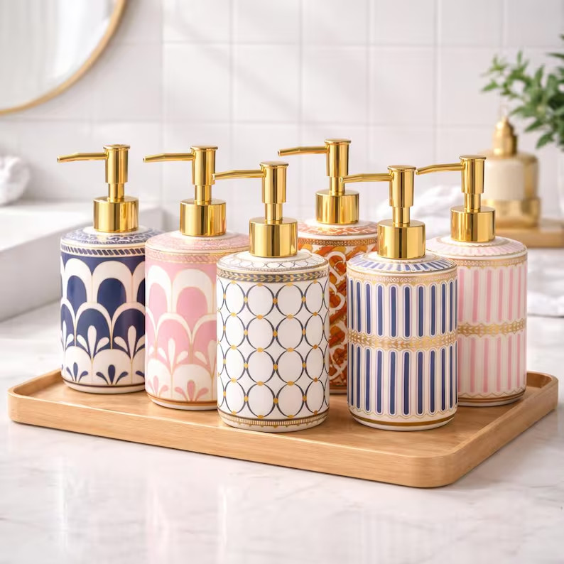 Distributeur savon liquide rétro en céramique à motif fleurs avec pompe dorée