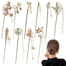 10Pcs Gold Vintage Hair Sticks Pins Metal Long Hairpins with Butterfly Flower