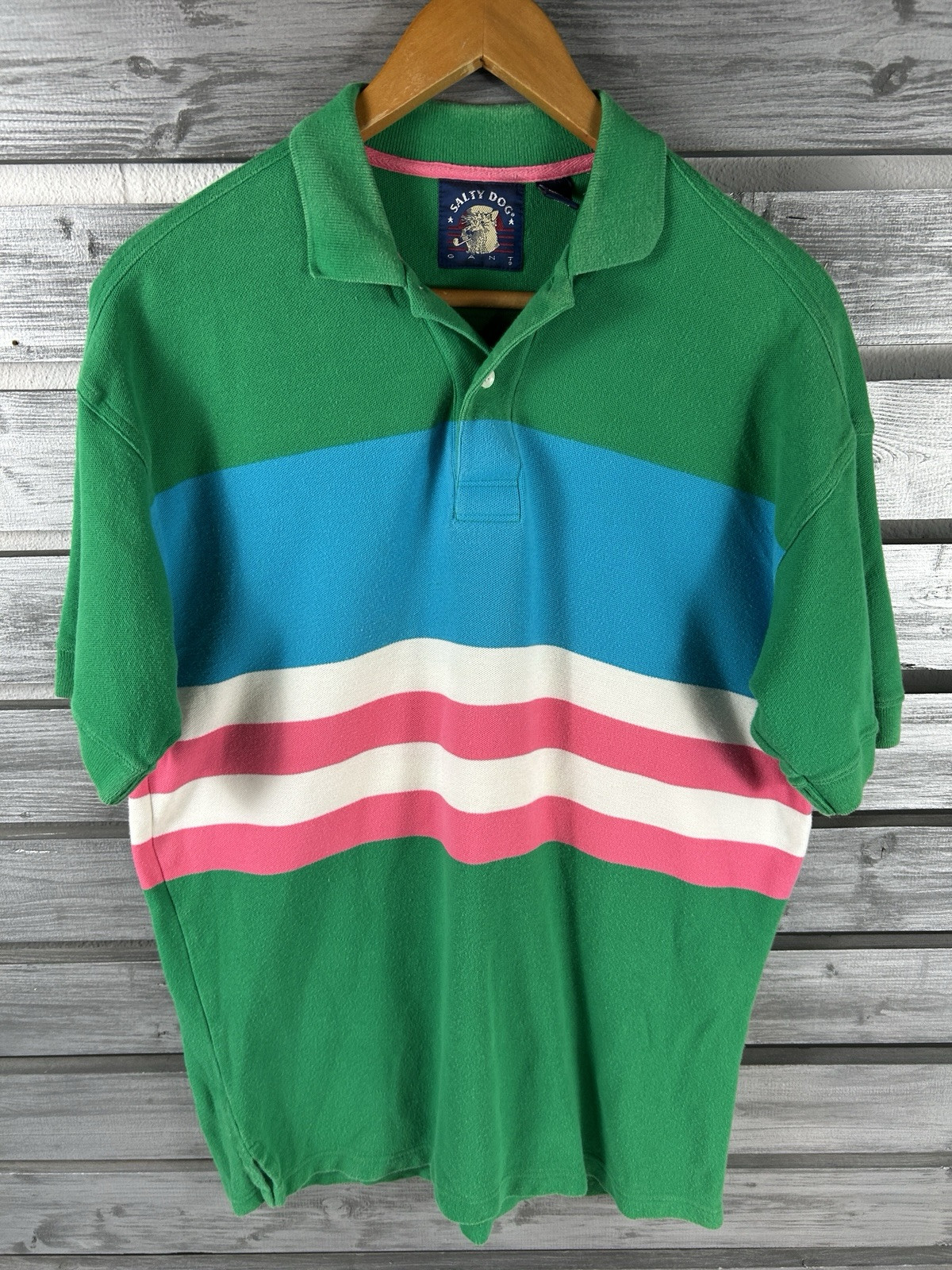 Vtg 90s Y2K Gant Salty Dog Green Striped Short Sleeve Rugby Polo
