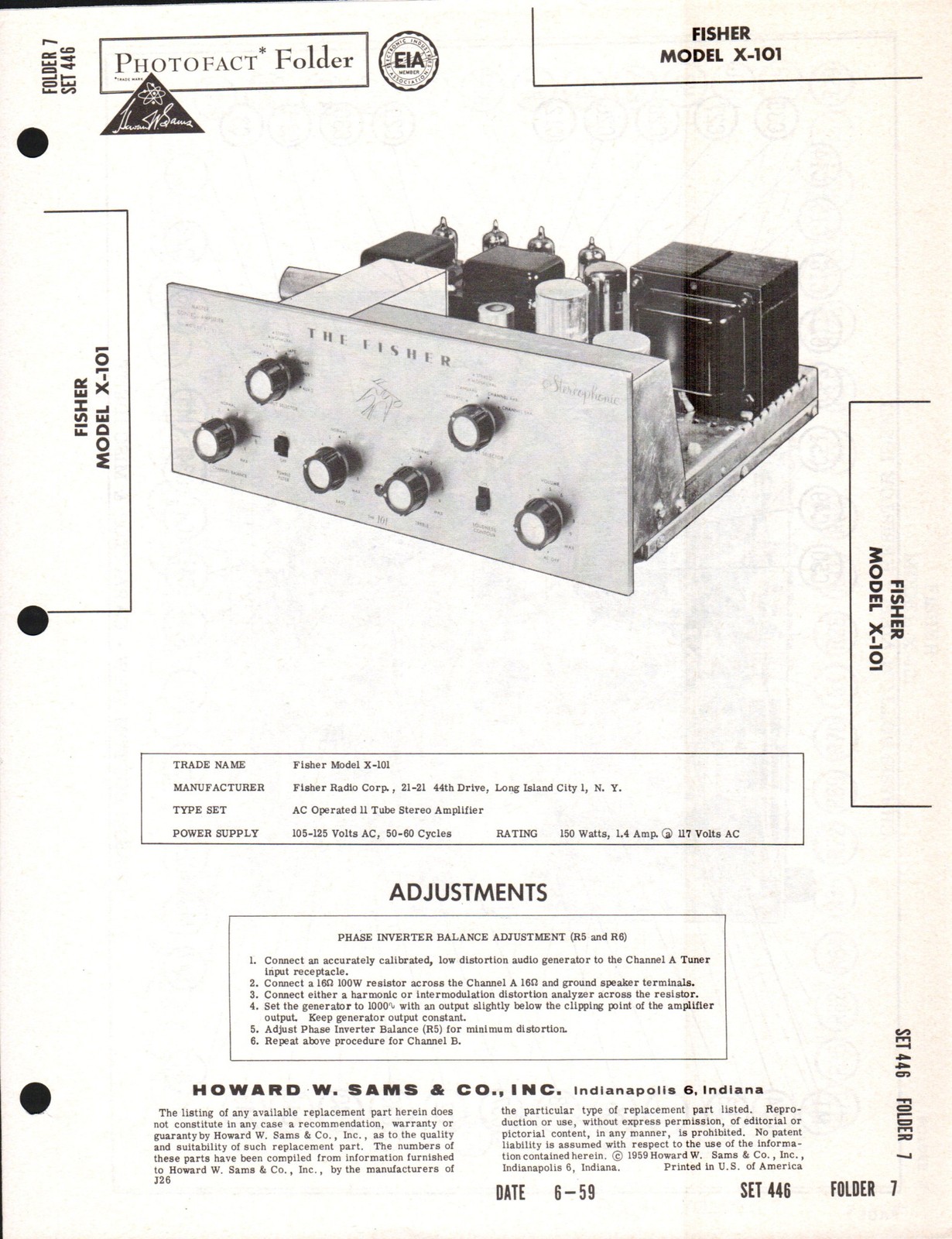 Sams Photofact Fisher X-101 Stereo Amplifier Manual w/ Schematics (original)