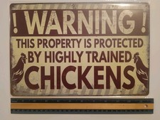 Chicken Tin Sign Warning Highly Trained 8x12 Vintage Style Humor Hen New Rooster