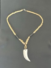 Tribal-style Shark Tooth Necklace Wooden Beads Beach Surfer jewelry 15  inch