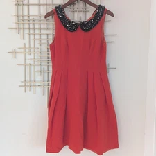 Eva Franco Red Wool Fit & Flare Dress Black Beaded Peter Pan Collar Women's 10