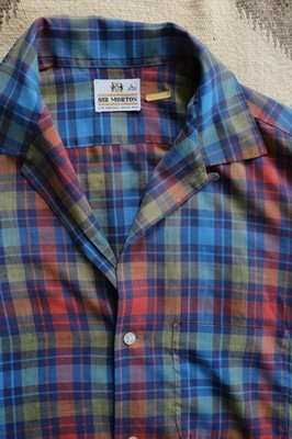 Vintage Loop Collar Short Sleeve Vintage Shirt Camp Plaid Blue 