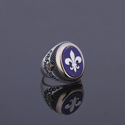Herren 14K Zweifarbig Gold Über Lapis Lazuli Fleur De Lis Design Lily Siegelring