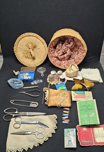 Vintage 1950's Wicker Sewing Basket & Contents