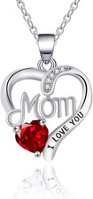 I Love You Mom Birthstone Necklace - Silver Heart Pendant with Chain
