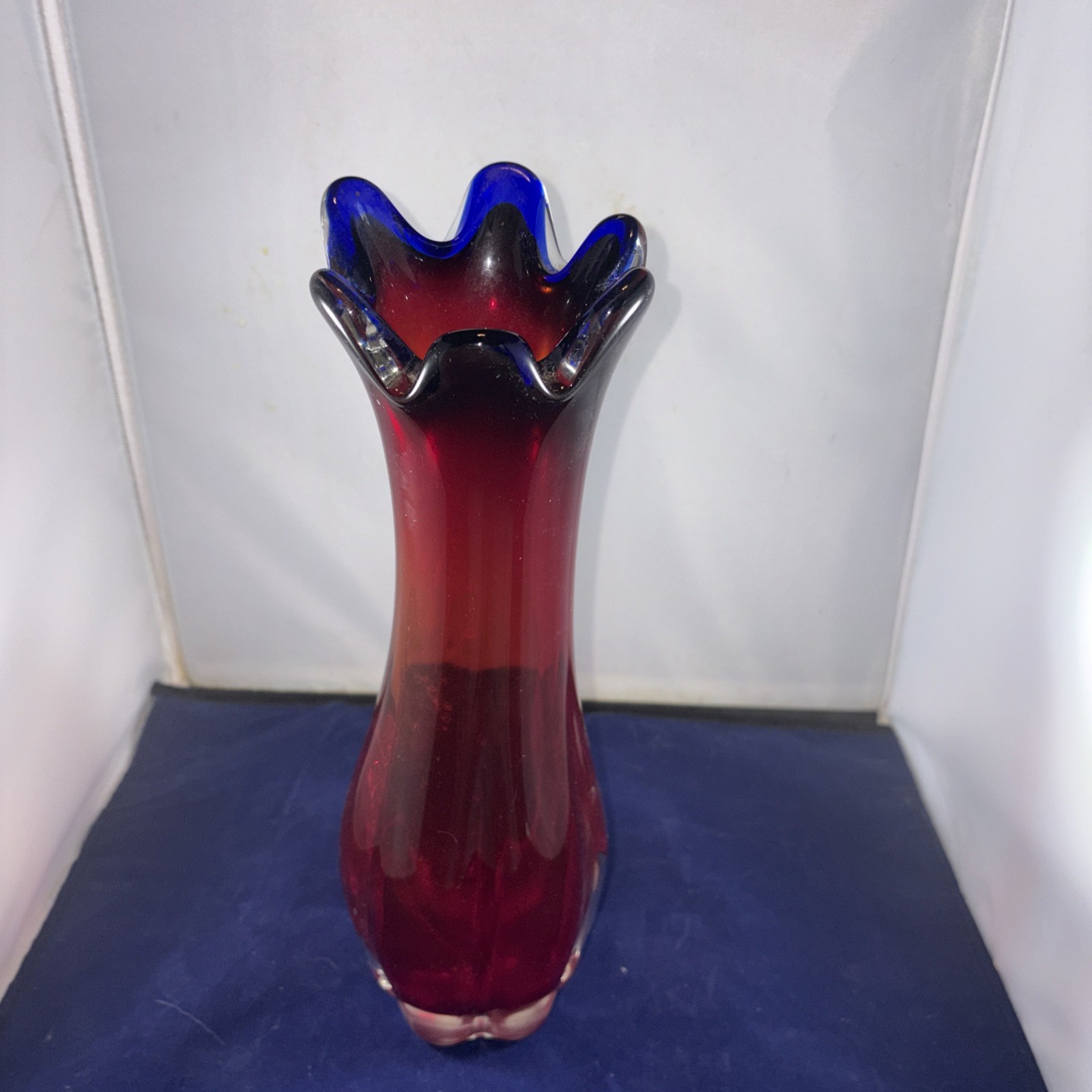 Art Glass Vase 12 1/2”,  6 Fingers, Red & Blue mixing into purple.