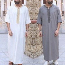 Men Thobe Embroidery Jubba Muslim Clothing Islamic Arabic Eid Kaftan Jubbah Robe