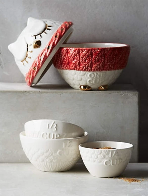 Anthropologie Measuring Cups NESTING OWL Set/4 Textured Gold Handpainted NIB