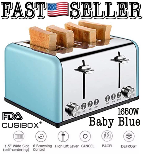 Cusibox 4 Slice Toaster W/ Bagel, Defrost, Cancel Function & 6 Settings.. Blue