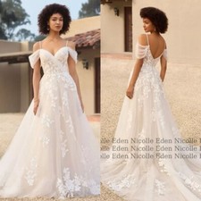 Boho A-Line Wedding Dresses Off Shoulder Sleeveless Lace Appliques Bridal Gowns