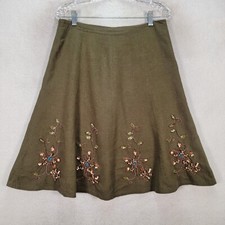 Vtg Carole Little Women Skirt Size 6 Green Linen Rayon Embroidered Beaded A Line