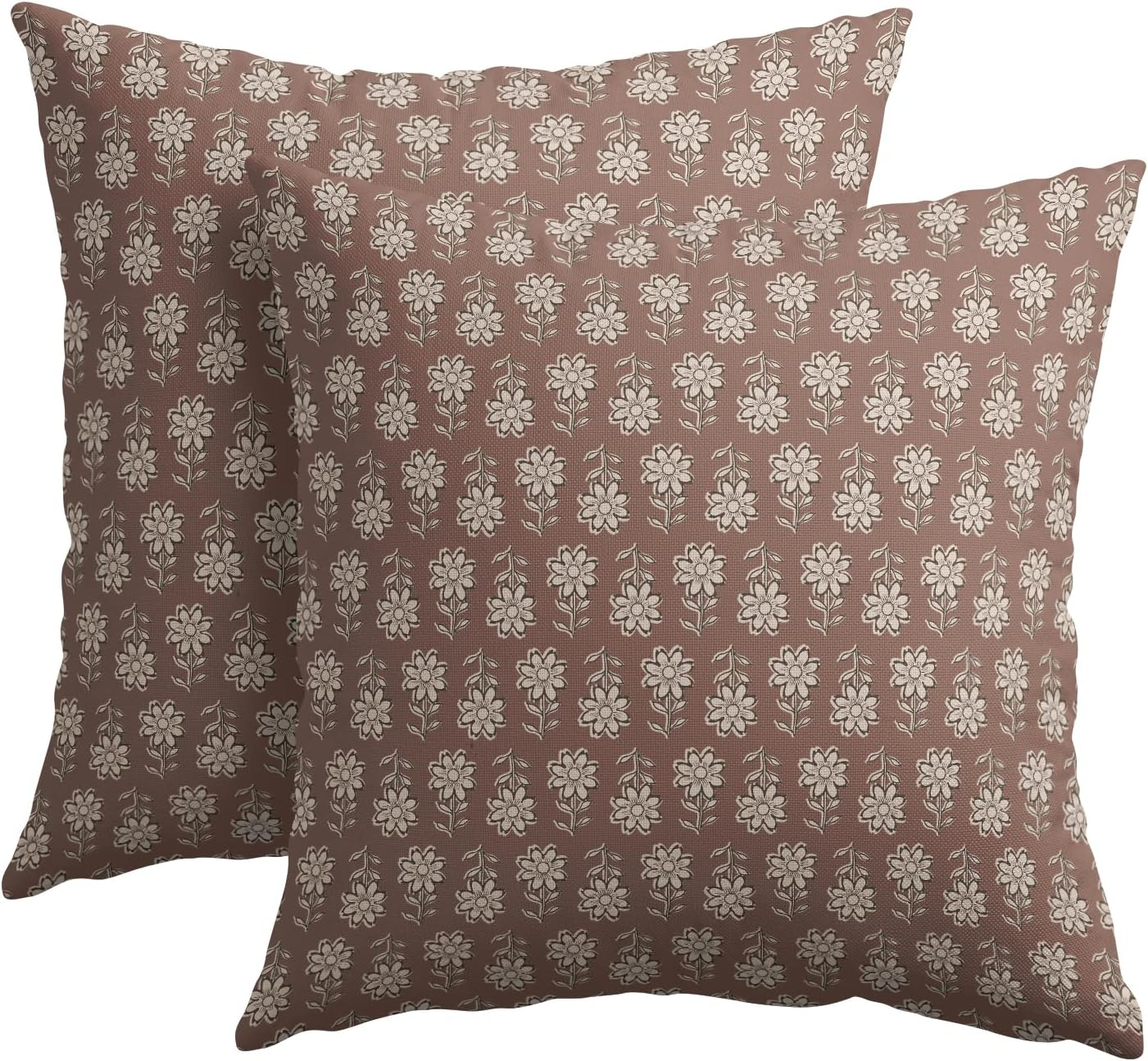 Set of 2 Vintage 18x18 Brown Floral Block Print Pillow Covers for Outdoor Decor-image