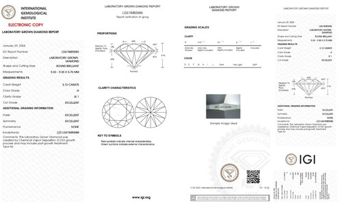 3.12 Cts Round Cut IGI Certified Lab Grown CVD Diamond H Color SI1 Clarity STONE - Picture 2 of 12