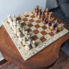 Handmade Marble Chess Set Coral Brown Real Stone Tournament Chess Size 16 x 16