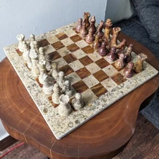 Handmade Marble Chess Set Coral Brown Real Stone Tournament Chess Size 16 x 16