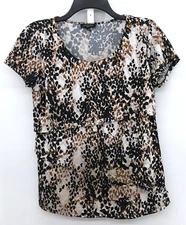 Notations Blouse Women Size PM Brown Black Animal Print Short Sleeve Scoop Neck