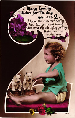 Birthday Today You are Two Child & Puppies c1939 Real Photo Postcard RPPC