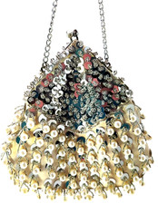 Vintage Teardrop Purse Kiss Lock Faux Pearls Dangling Silver White Cream READ