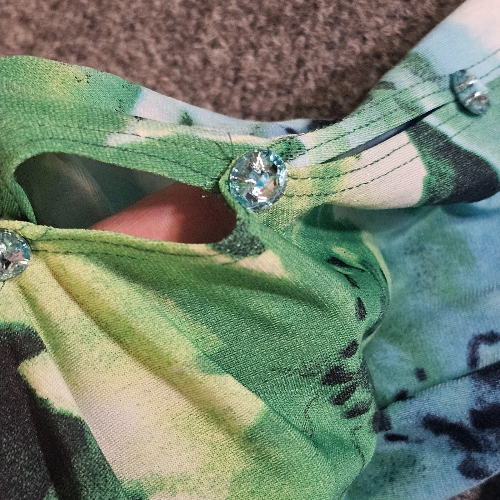 Susan Graver Top Women Large Blue Green Floral Stretch Gemstones Casual Career