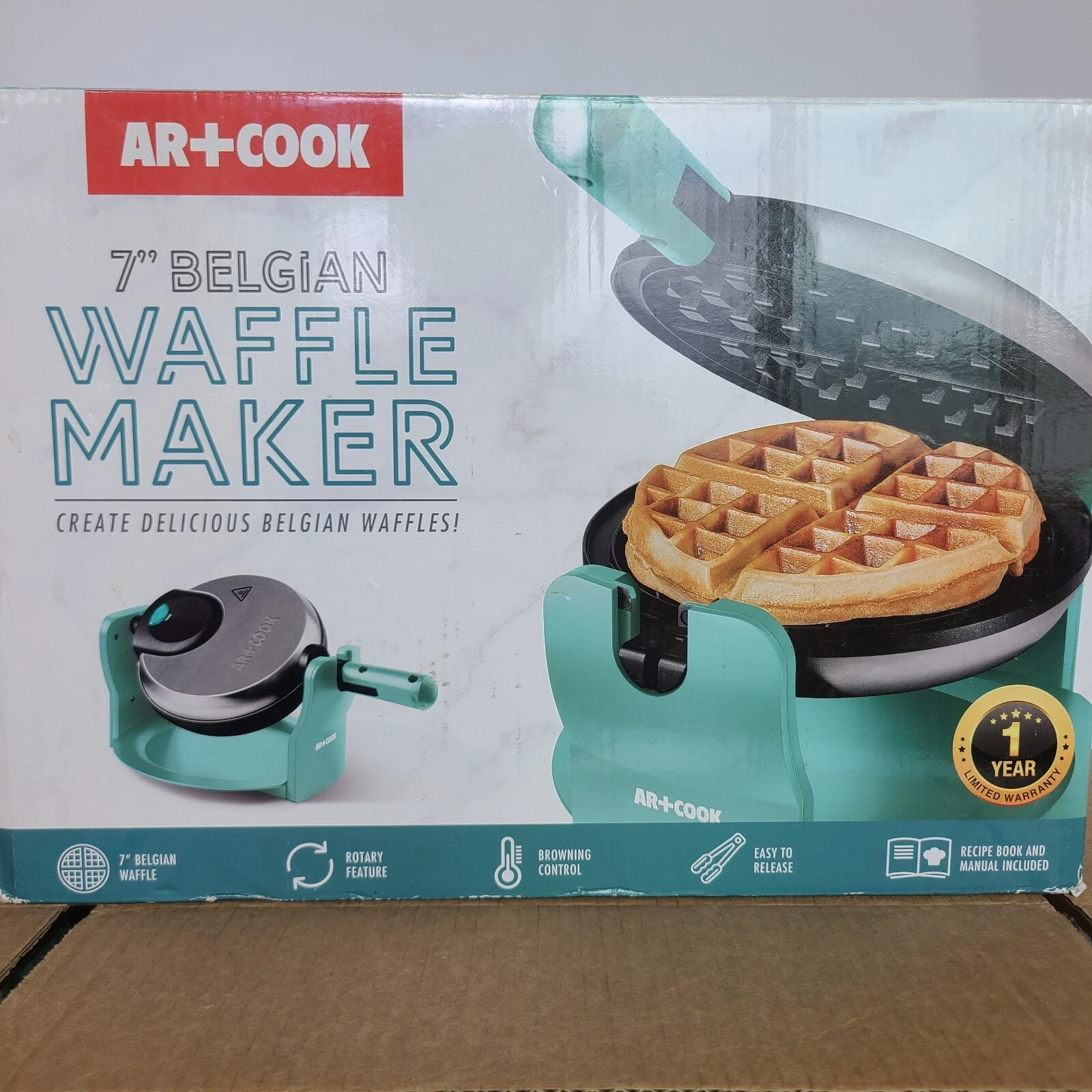 Rotating Waffle Maker 7" Belgian Browing Control Teal AR+Cook Model MDS02555