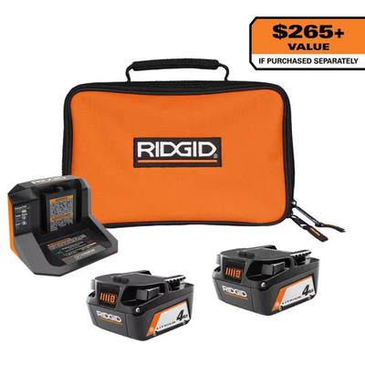 RIDGID 18V Lithium-Ion (2) 4.0 Ah Battery Starter Kit with Charger and Bag NEW