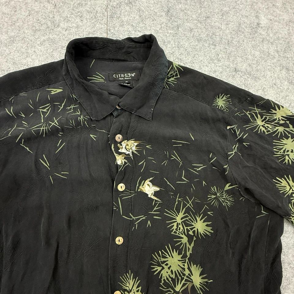Citron Santa Monica Silk Shirt Asian Print Short Sleeve Vintage Village Birds - Image 3 of 4